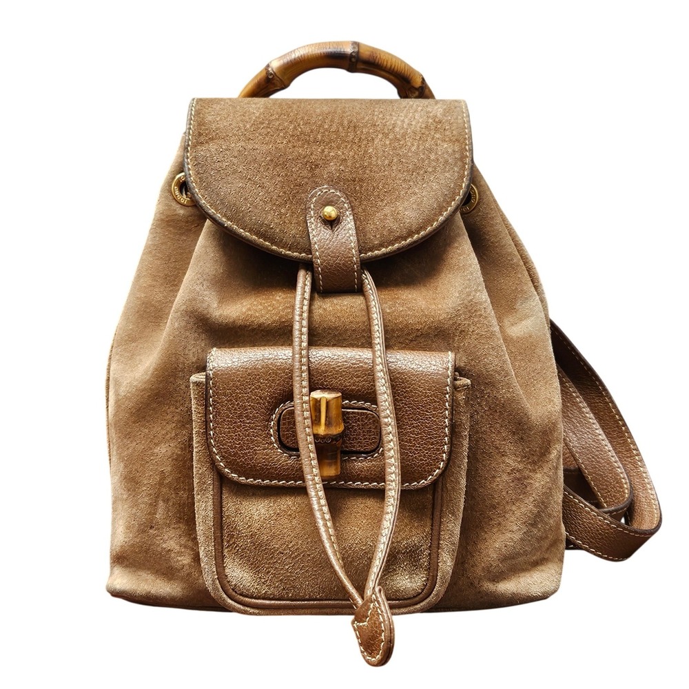 Gucci Bamboo Suede Leather Mini‎ Backpack Brown Vintage Drawstring Italy Bag